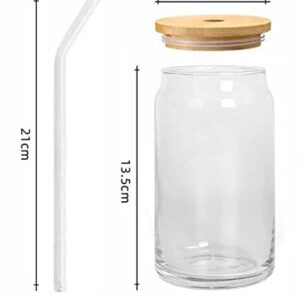 Can Shaped Drinking Glass With Bamboo Lids and Straw, 16 Oz, 4 pcs Set, Beer Can Shaped Glass Cups,Reusable Glass for Water, Wine, Juice, for Cocktail, Soda, Tea, Whiskey