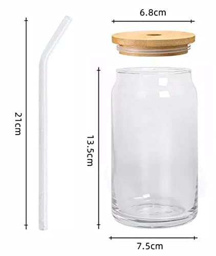 Can Shaped Drinking Glass With Bamboo Lids and Straw, 16 Oz, 4 pcs Set, Beer Can Shaped Glass Cups,Reusable Glass for Water, Wine, Juice, for Cocktail, Soda, Tea, Whiskey