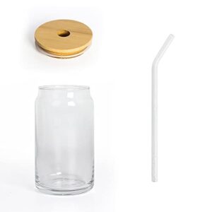 Can Shaped Drinking Glass With Bamboo Lids and Straw, 16 Oz, 4 pcs Set, Beer Can Shaped Glass Cups,Reusable Glass for Water, Wine, Juice, for Cocktail, Soda, Tea, Whiskey