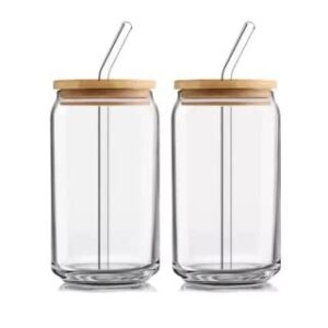 Can Shaped Drinking Glass With Bamboo Lids and Straw, 16 Oz, 4 pcs Set, Beer Can Shaped Glass Cups,Reusable Glass for Water, Wine, Juice, for Cocktail, Soda, Tea, Whiskey