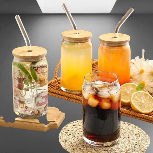 Can Shaped Drinking Glass With Bamboo Lids and Straw, 16 Oz, 4 pcs Set, Beer Can Shaped Glass Cups,Reusable Glass for Water, Wine, Juice, for Cocktail, Soda, Tea, Whiskey