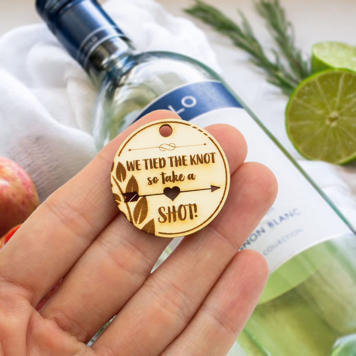 Summer-Ray 50 Laser Engraved We Tied The Knot so Take a Shot Mini Wooden Liquor Favor Tags (Design I, 30mm)