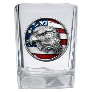 heritage pewter eagle with flag square shot glass | hand-sculpted 1.5 ounce shot glass | intricately crafted metal pewter inlay