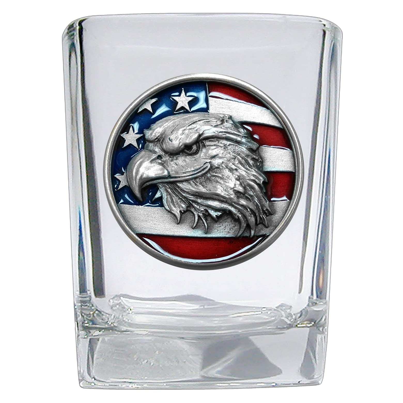 Heritage Pewter Eagle with Flag Square Shot Glass | Hand-Sculpted 1.5 Ounce Shot Glass | Intricately Crafted Metal Pewter Inlay