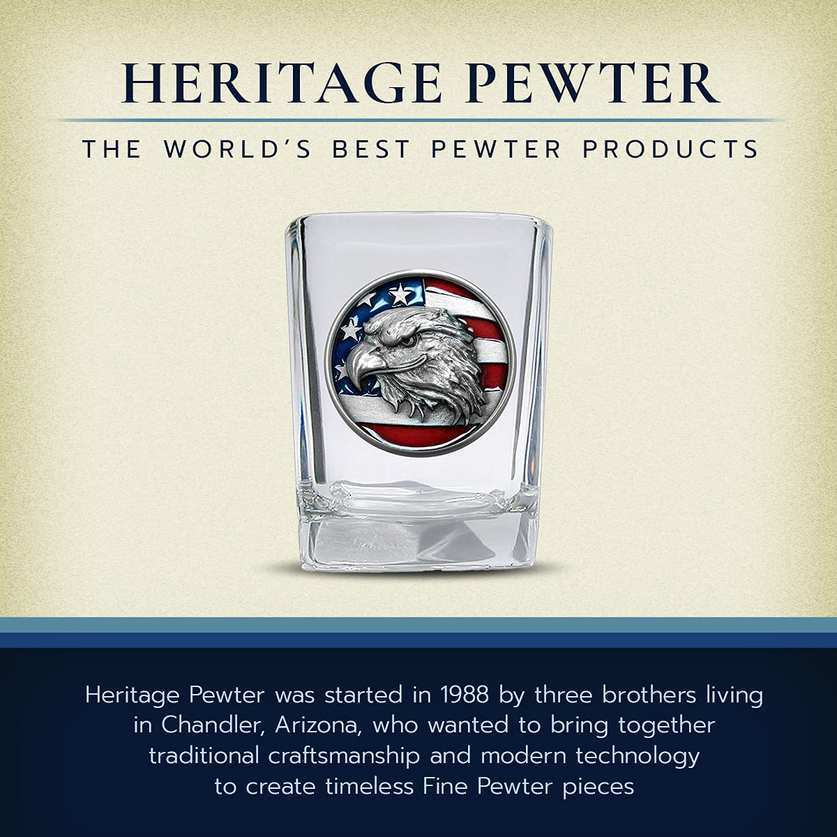 Heritage Pewter Eagle with Flag Square Shot Glass | Hand-Sculpted 1.5 Ounce Shot Glass | Intricately Crafted Metal Pewter Inlay