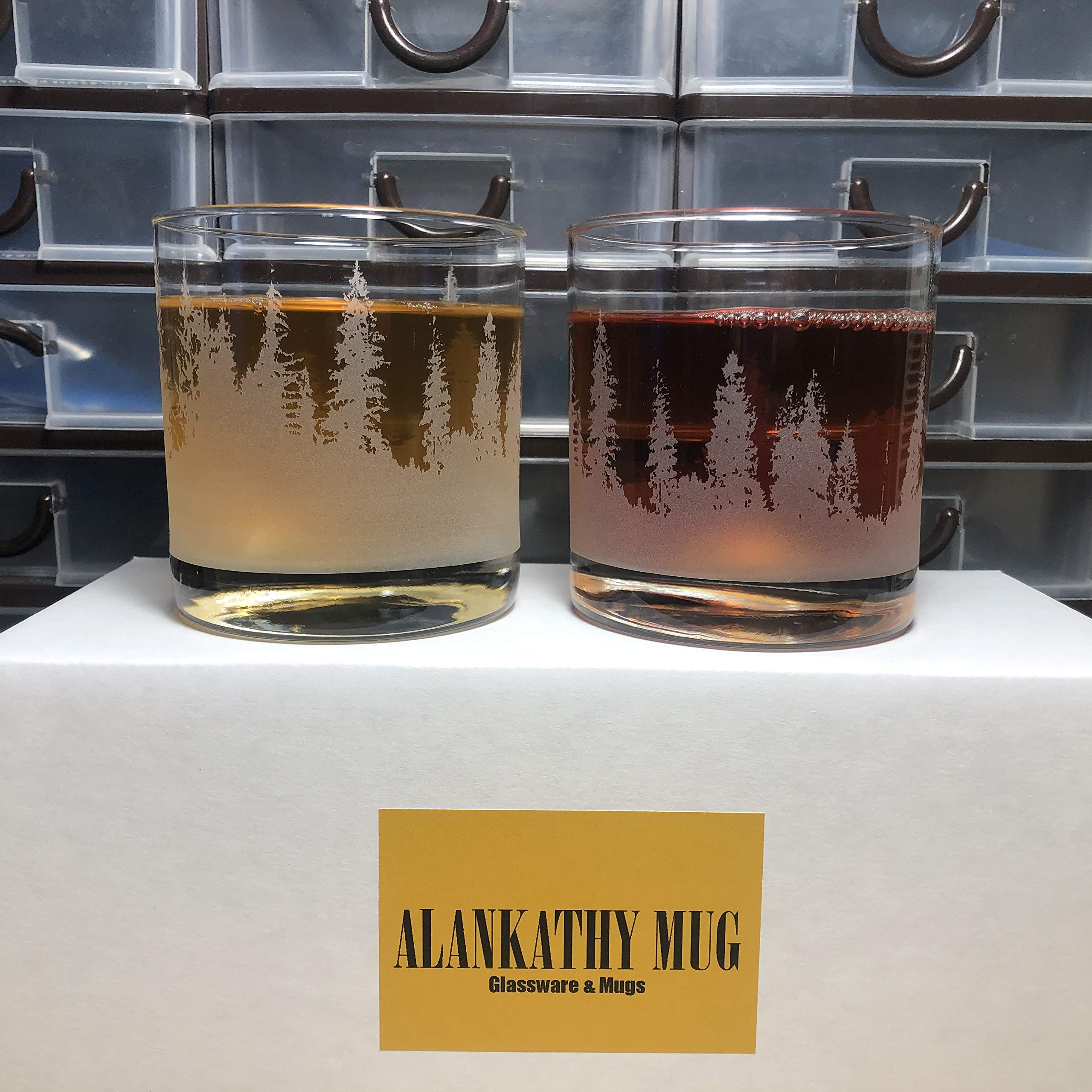 Alankathy Mugs Forest Landscape Whiskey Glass Rock Glasses Set of 2 Heavy Base Etched