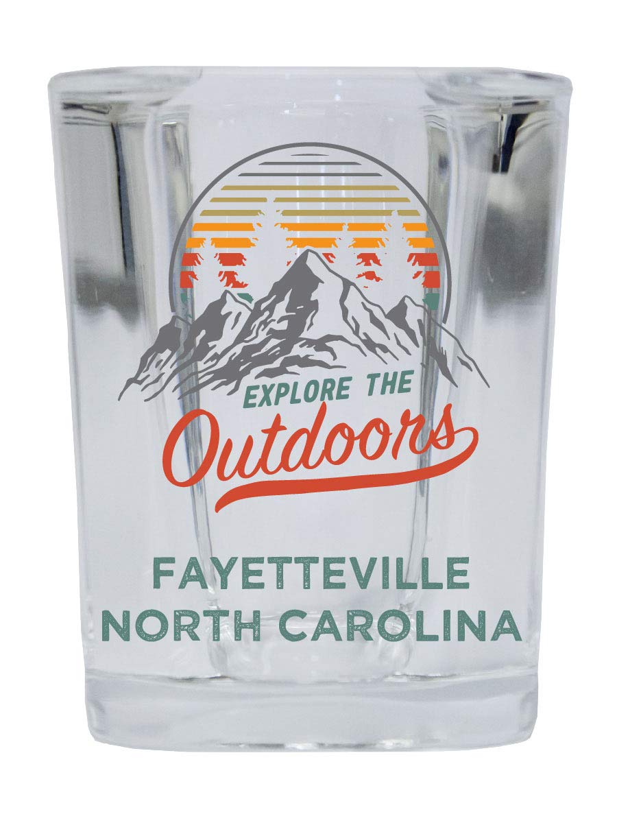 R and R Imports Fayetteville North Carolina Explore the Outdoors Souvenir 2 Ounce Square Base Liquor Shot Glass