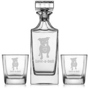 whiskey decanter gift set with 2 whiskey old fashioned rocks glasses love-a-bull pitbull love