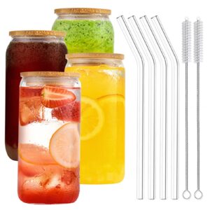 demarzily 4 pack glass cups with lids and straws,17oz beer can drinking glasses,iced coffee tumbler, beer glasses cup,high borosilicate glass for smoothies, tea, cola, juice,soda - 2 cleaning brushes