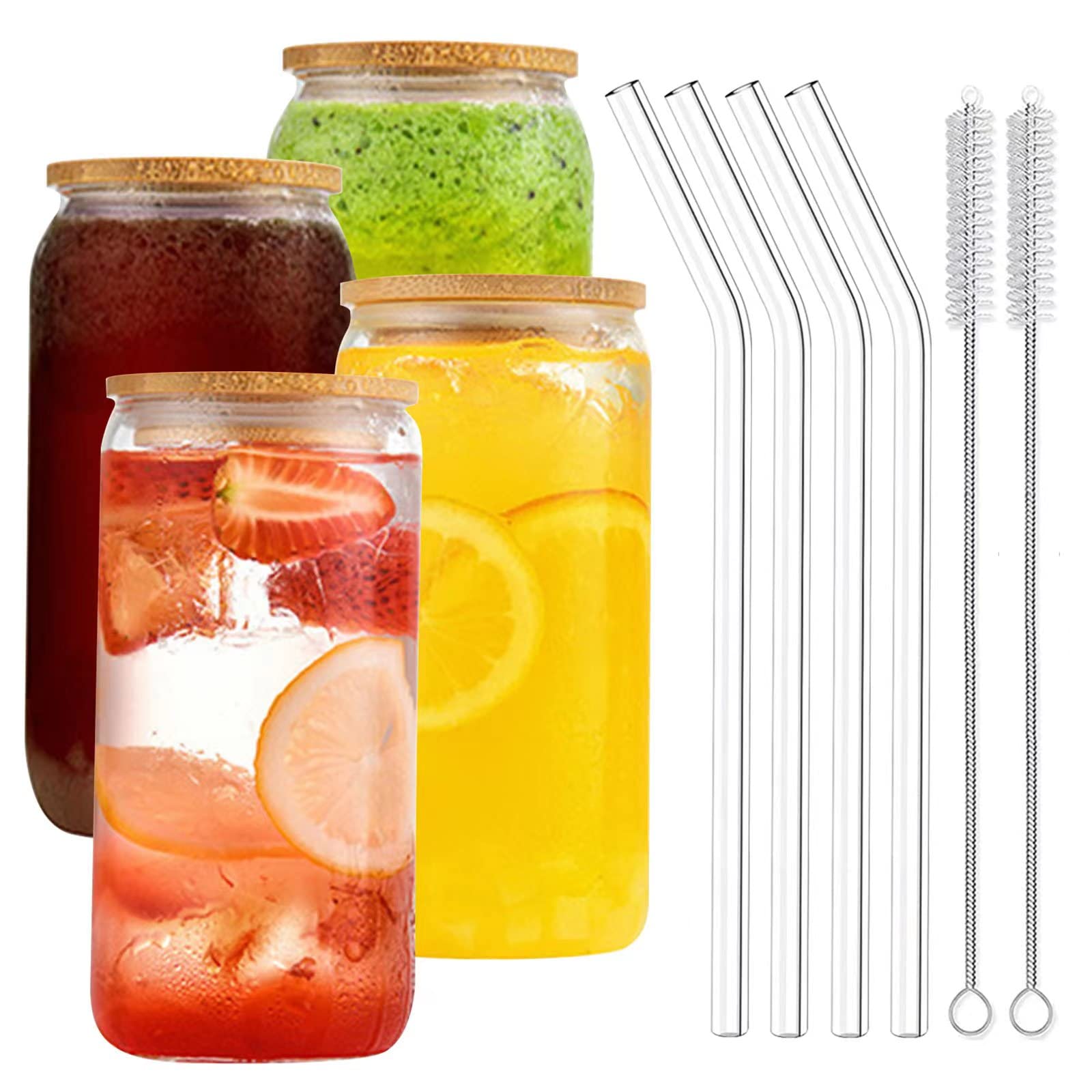 Demarzily 4 Pack Glass Cups with Lids and Straws,17oz Beer Can Drinking Glasses,Iced Coffee Tumbler, Beer Glasses Cup,High Borosilicate Glass for Smoothies, Tea, Cola, Juice,Soda - 2 Cleaning Brushes