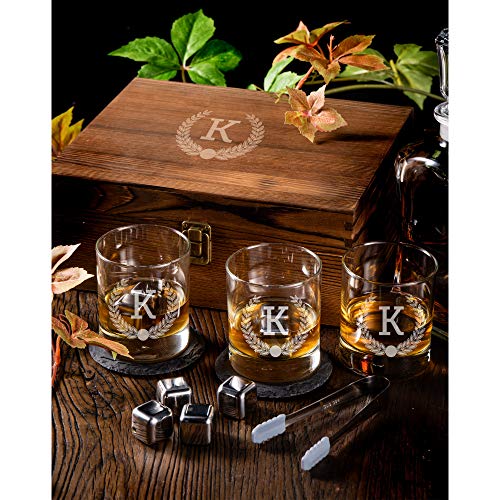 Froolu Personalized Whiskey Glasses Set in Wooden Gift Box - Includes 4 Scotch Glasses, 4 Natural Slate Coasters, 8 Chilling Stones & Tongs - Great Mens Home Bar Gift for Him, Husband, Dad