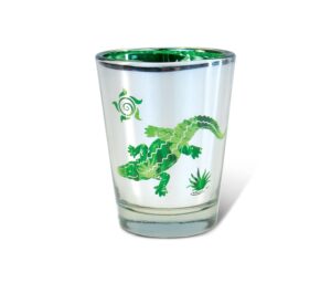 puzzled green alligator silver shot glass, 1.70 oz. unbreakable beverage tequila gin cocktail whisky vodka novelty glassware handcrafted drinkware