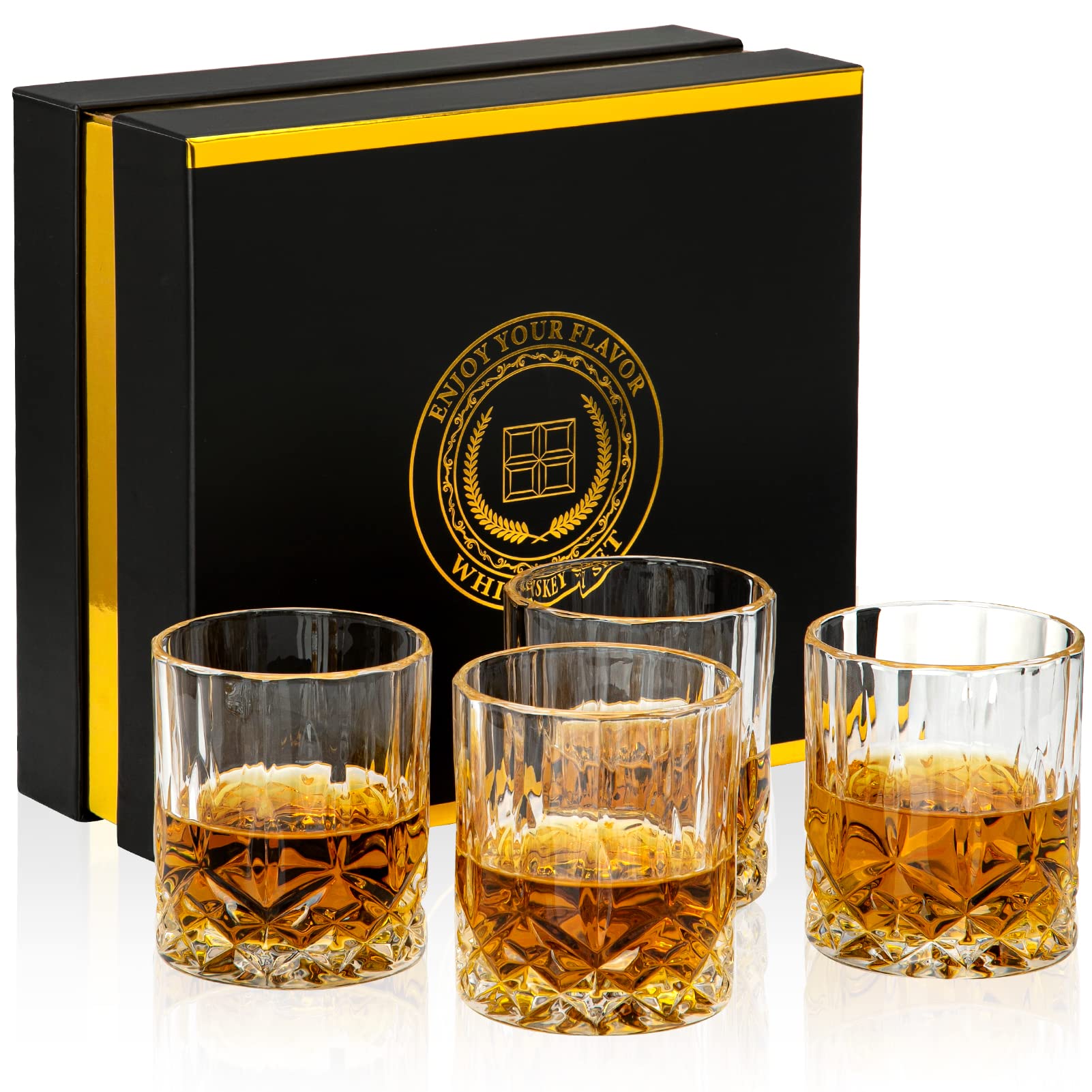 Old Fashioned Whiskey Glasses with Luxury Box, 10 Oz Rocks Glasses Barware for Scotch, Bourbon, Liquor and Cocktail Drinks - Set of 4