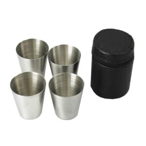 kozoren stainless steel shot glass cup drinking mug with black pu leather cover case, 1oz (set of 4)