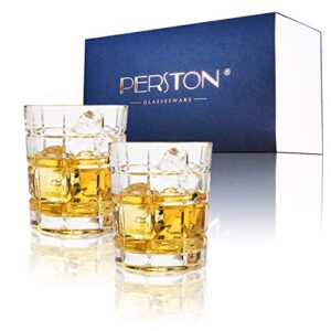 perston -old fashioned whiskey glass 10 oz -party wedding dedicated - for mom,dad,husband,wife -tumbler drink for cognac,bourbon scotch,wine,beer,cocktail all beverage(grid type 2pc/set)