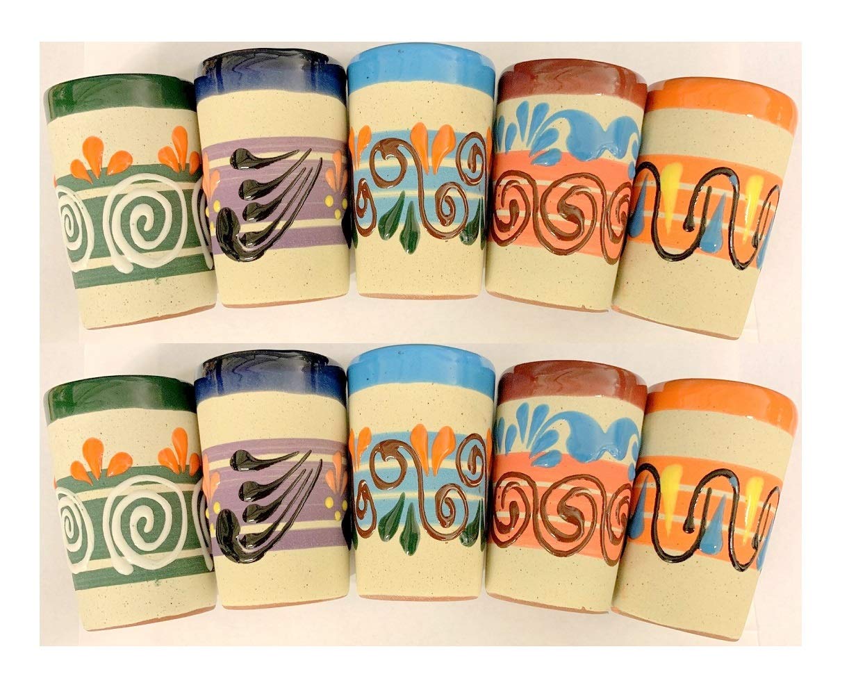 Made In Mexico Mexican Hand Painted Pottery Barro Clay Tequila Shots Glasses Set of 10 Assorted - Vaso Tequilero