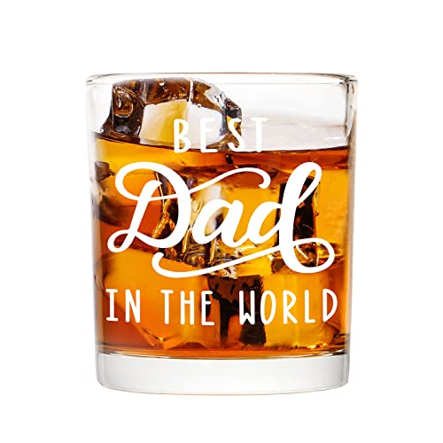 Modwnfy Dad Gift Whiskey Glass, Best Dad In The World Old-Fashioned Glass, Father’s Day Gift Scotch Glass for Dad New Dad Grandpa Brother Husband Friend, Cute Dad Gifts for Birthday Christmas, 10Oz