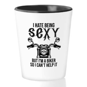 bubble hugs biker shot glass 1.5oz white - i hate being sexy but i'm a biker - motorcycle motorbike rider funny adult humor