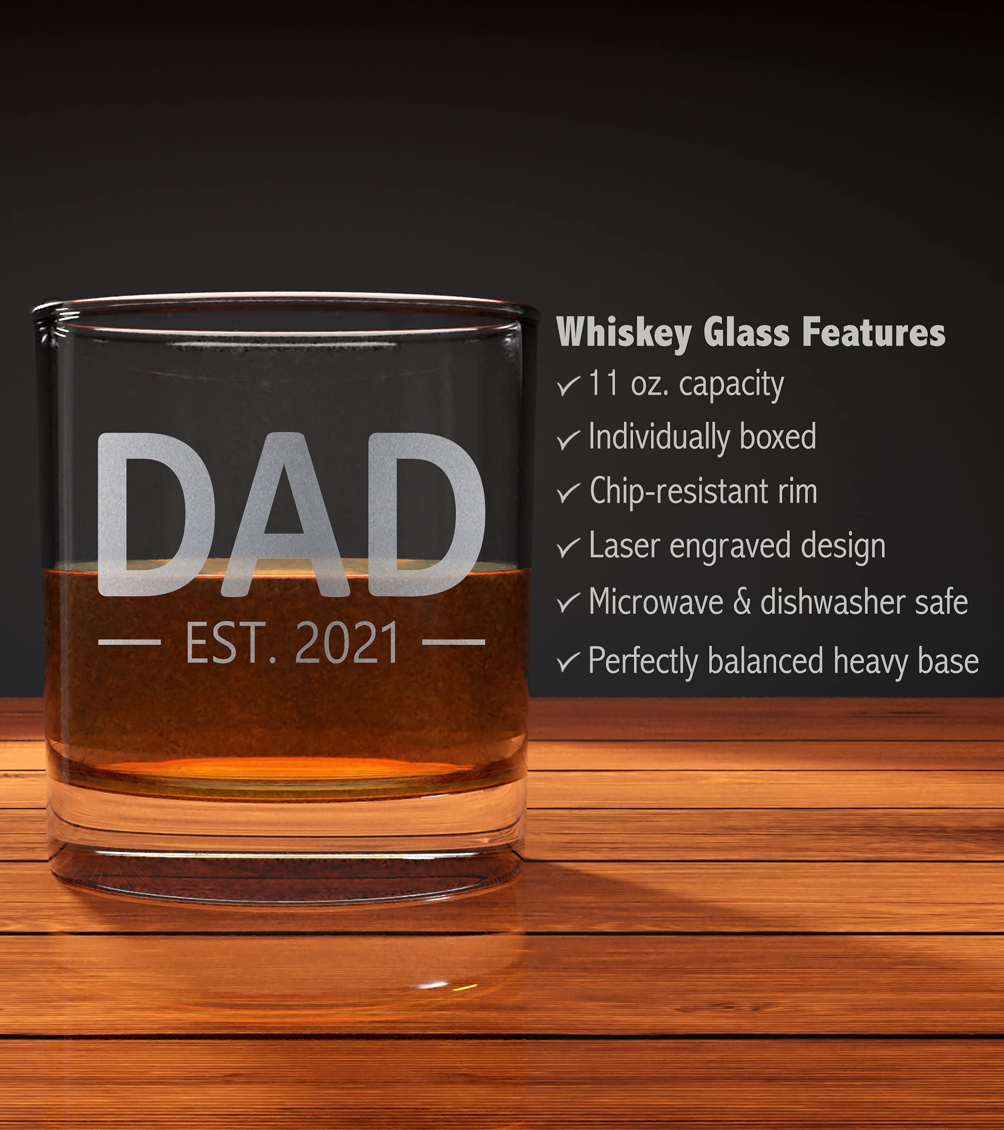 DAD EST 2021 Custom Personalized Whiskey Glass - Laser Engraved Etched Funny Gift for Dad Uncle Grandpa