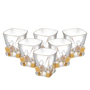 barski - european quality glass - crystal - set of 6 - square shaped - double old fashioned tumblers - dof - tumbler is 11.7 oz. - with matte gold ice cubes design - glasses are made in europe