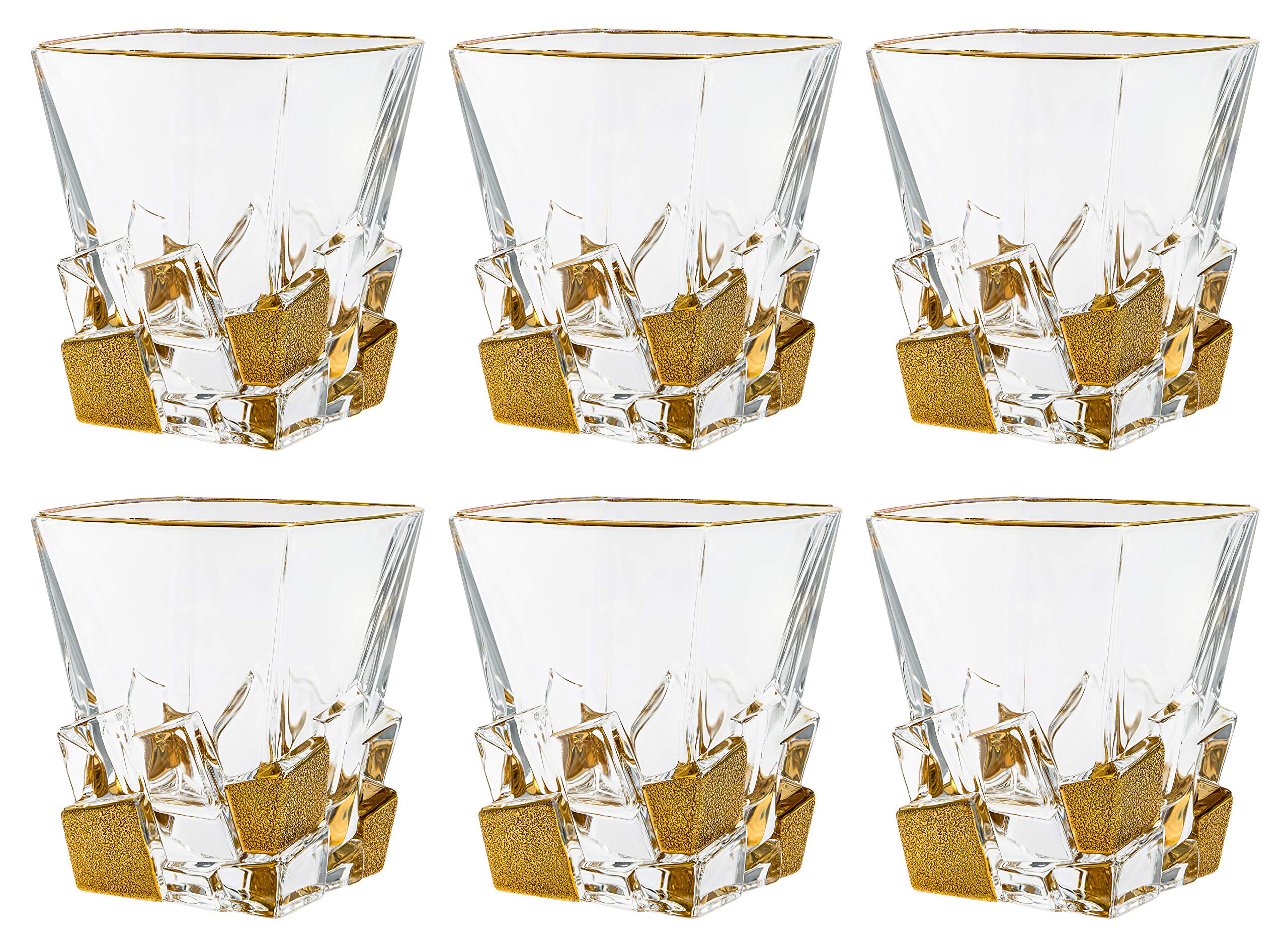 Barski - European Quality Glass - Crystal - Set of 6 - Square Shaped - Double Old Fashioned Tumblers - DOF - Tumbler is 11.7 oz. - with Matte Gold Ice Cubes Design - Glasses are Made in Europe