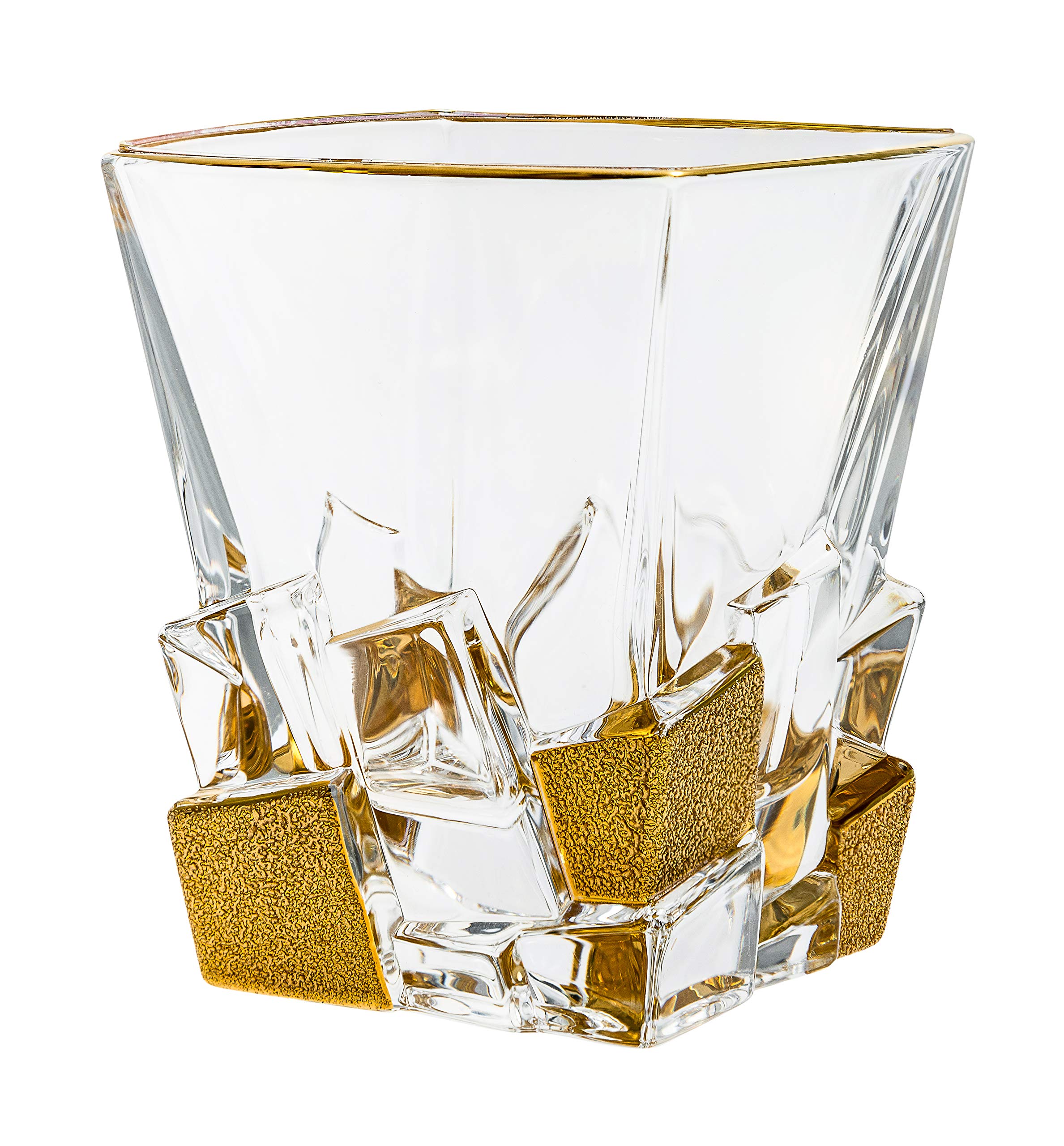 Barski - European Quality Glass - Crystal - Set of 6 - Square Shaped - Double Old Fashioned Tumblers - DOF - Tumbler is 11.7 oz. - with Matte Gold Ice Cubes Design - Glasses are Made in Europe