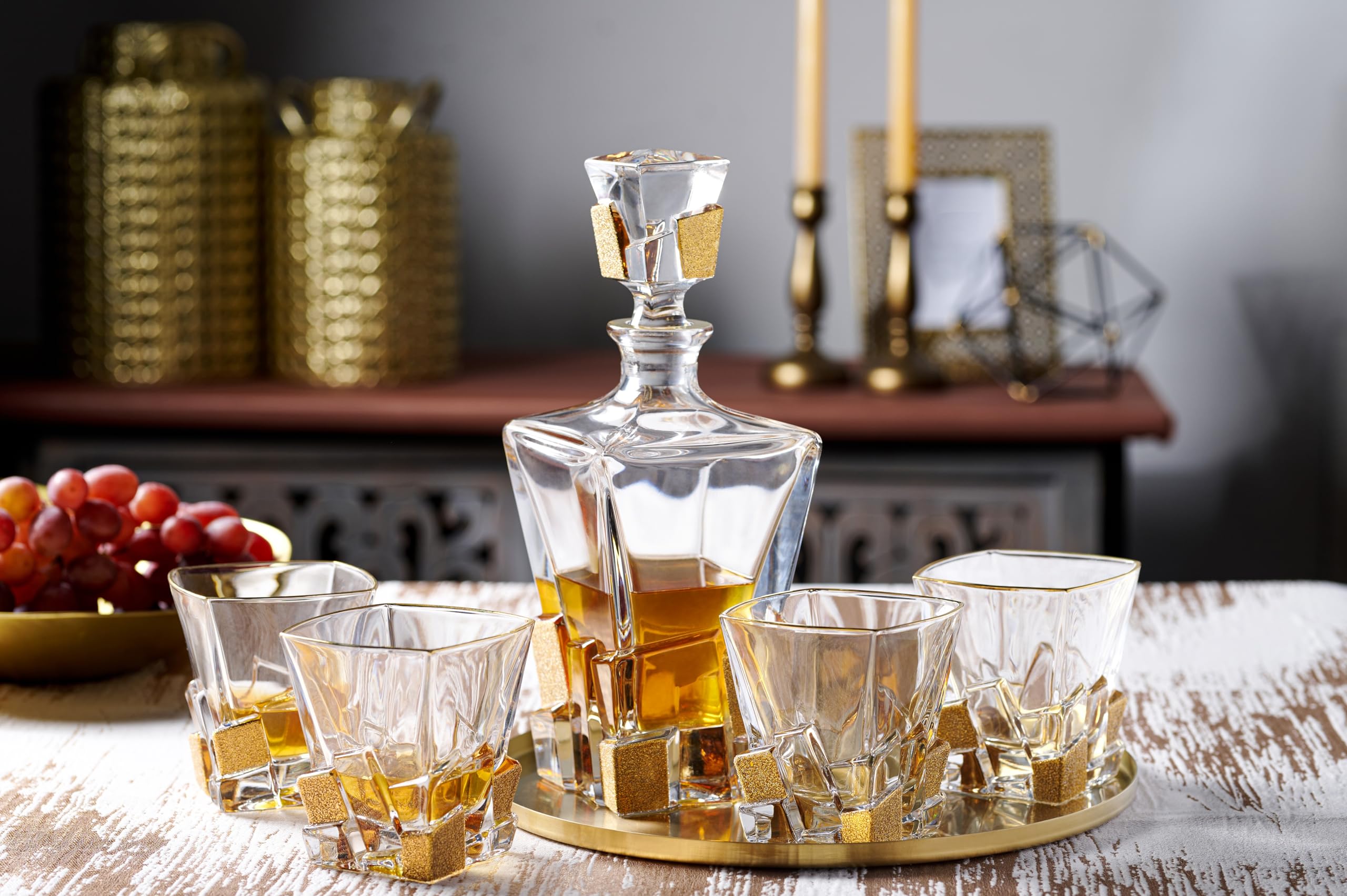 Barski - European Quality Glass - Crystal - Set of 6 - Square Shaped - Double Old Fashioned Tumblers - DOF - Tumbler is 11.7 oz. - with Matte Gold Ice Cubes Design - Glasses are Made in Europe