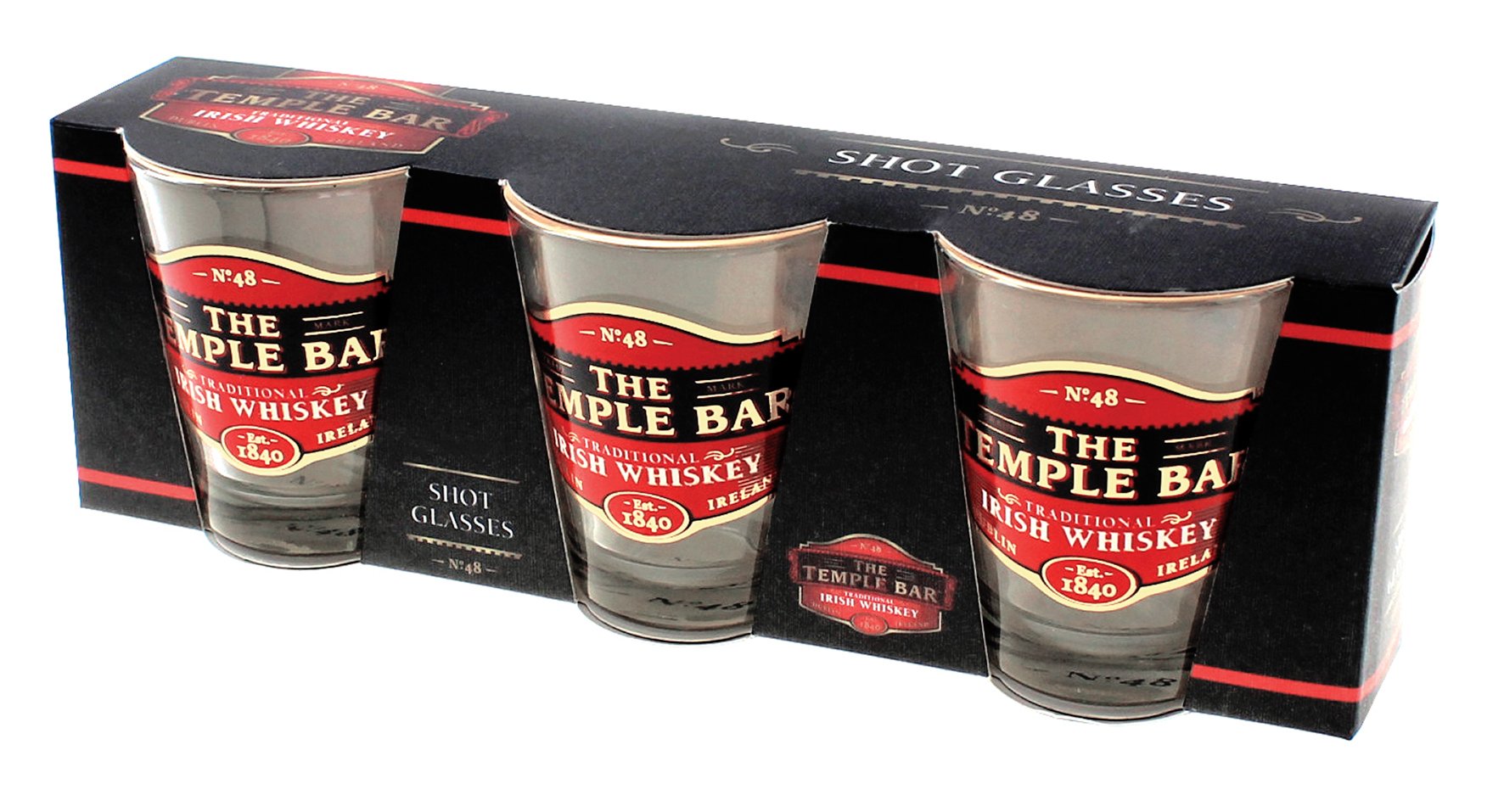 Temple Bar Three Pack Shot Glasses with Traditional Irish Whiskey Design