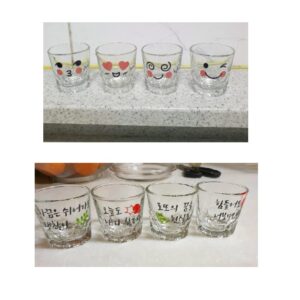 SOJU glass Soju shot glass 소주 소주잔 Korean Soju Alcohol glasses Glassware Cute icon Character + Hangul Wise saying 8 PCS