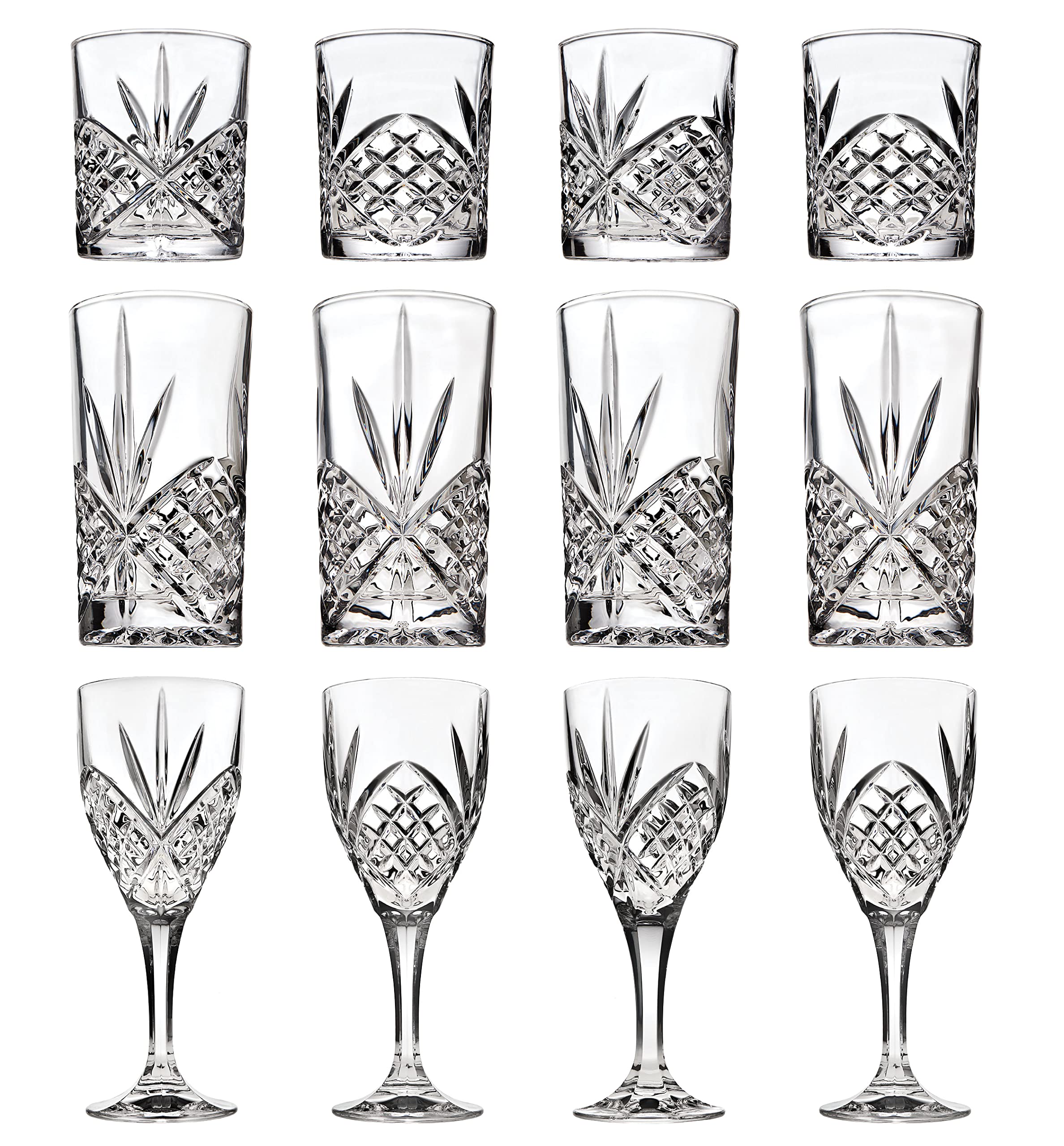 Godinger Mixed Drinkware Set, 4 Wine Glasses 4 Highball Glasses 4 Whiskey Glasses, Drinking Glasses Set, Glass Cups Glasses - Dublin Crystal Collection, Set of 12