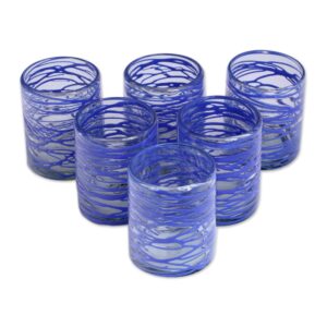 novica artisan handblown glass rock sapphire blue swirl mexico tableware drinkware 'sapphire swirl'(set of 6)