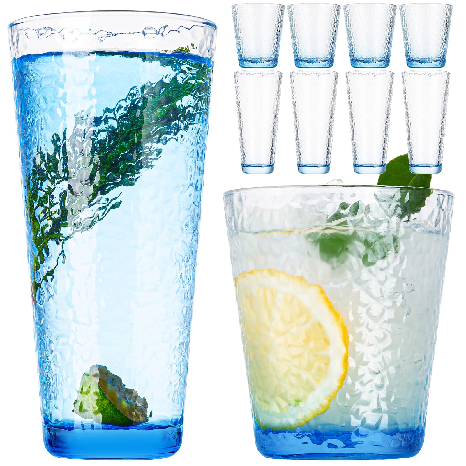 Claplante Drinking Glasses, 8 Piece Crystal Glass Cups, Colored Mixed Glassware Set, 4 pcs Crystal 12oz Highballs and 4 pcs 10oz Rocks Glasses, Great for Cocktail, Whisky and other Beveragesc (BLUE)