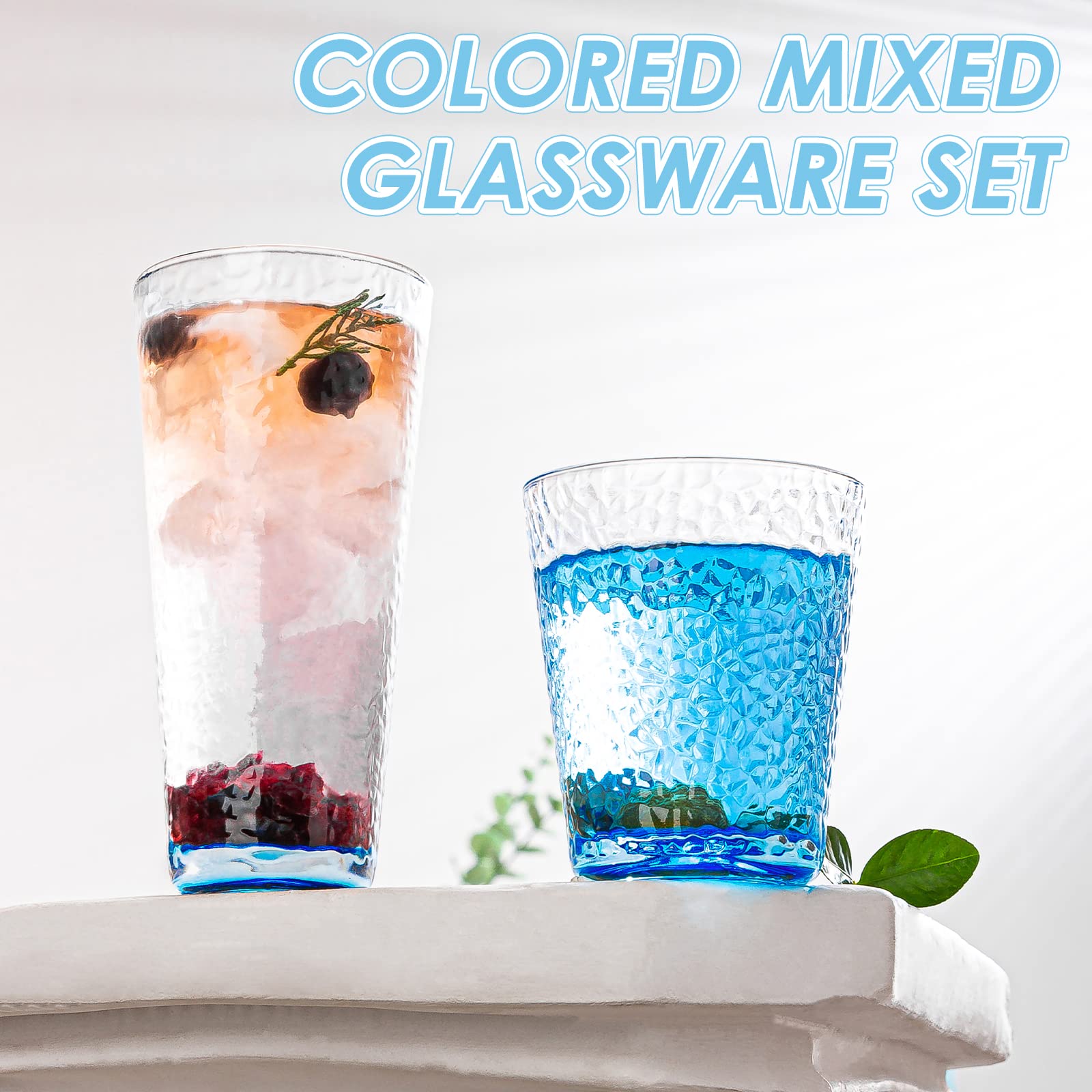 Claplante Drinking Glasses, 8 Piece Crystal Glass Cups, Colored Mixed Glassware Set, 4 pcs Crystal 12oz Highballs and 4 pcs 10oz Rocks Glasses, Great for Cocktail, Whisky and other Beveragesc (BLUE)