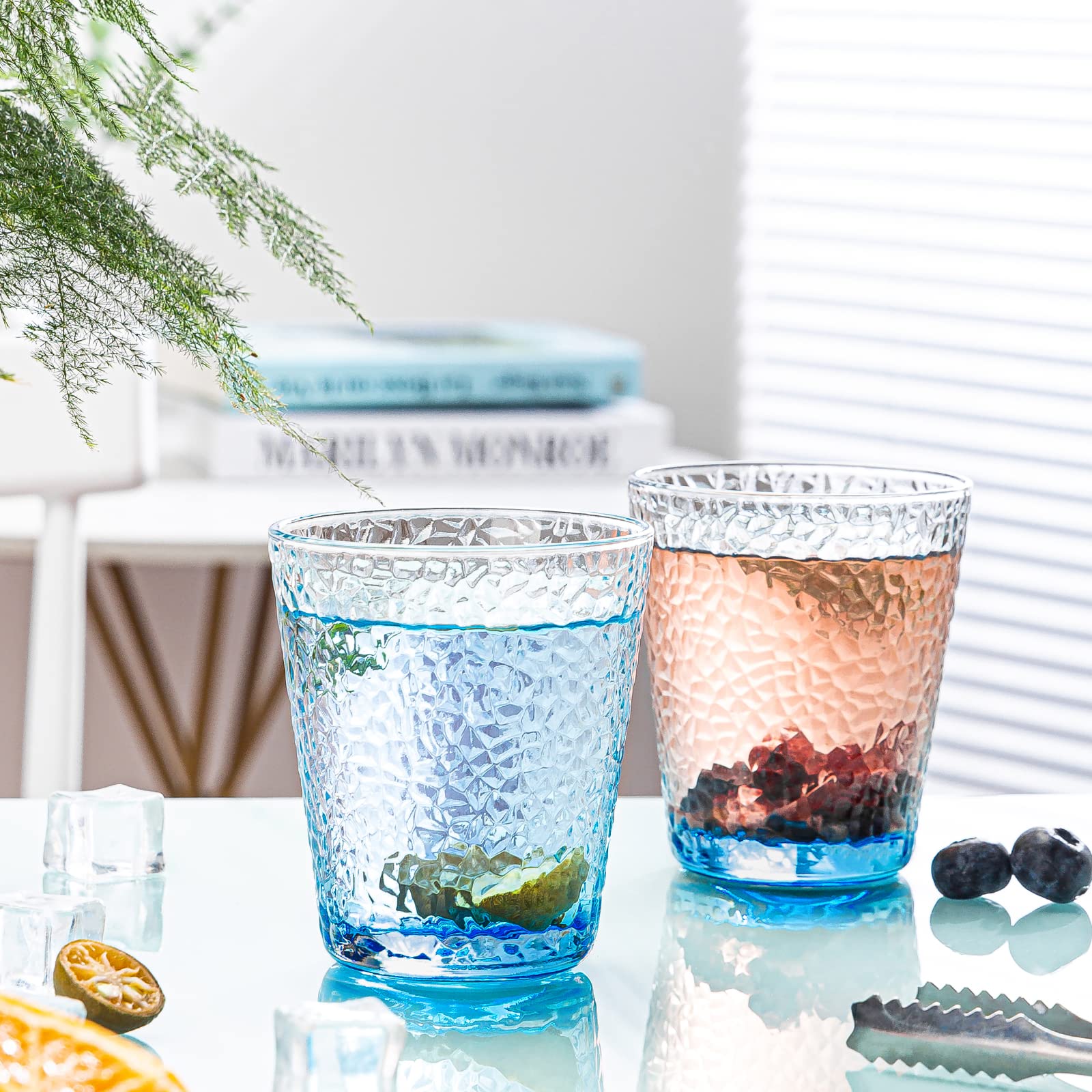 Claplante Drinking Glasses, 8 Piece Crystal Glass Cups, Colored Mixed Glassware Set, 4 pcs Crystal 12oz Highballs and 4 pcs 10oz Rocks Glasses, Great for Cocktail, Whisky and other Beveragesc (BLUE)