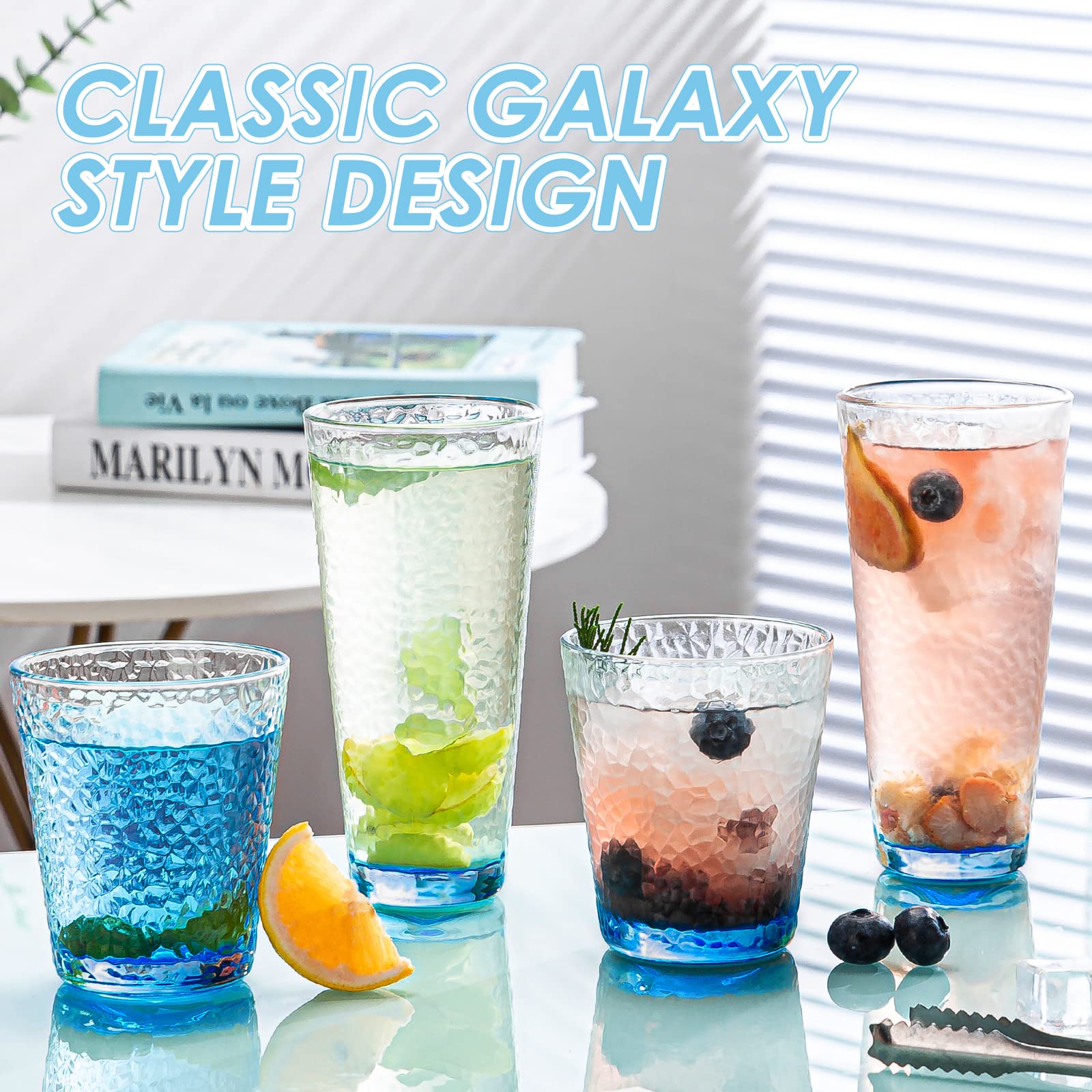 Claplante Drinking Glasses, 8 Piece Crystal Glass Cups, Colored Mixed Glassware Set, 4 pcs Crystal 12oz Highballs and 4 pcs 10oz Rocks Glasses, Great for Cocktail, Whisky and other Beveragesc (BLUE)