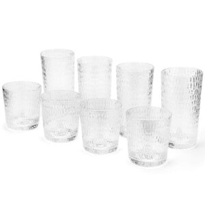 koxin-karlu mixed drinkware 15-ounce and 22-ounce plastic tumbler acrylic glasses with hammered design, set of 8 clear