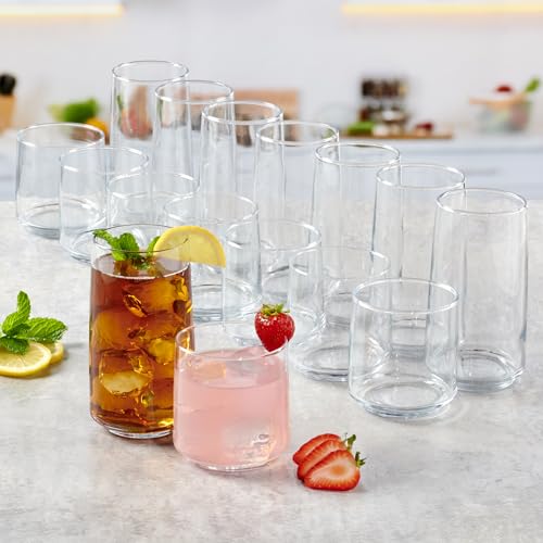 Anchor Hocking Finlandia Drinking Glasses Set, 16 Piece Set (8 Rocks Glasses & 8 Tumbler Glasses)