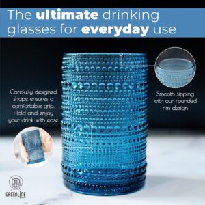 Greenline Goods Hobnail Drinking Glasses - Blue 12 oz Thick Modern Kitchen Glassware Set - Unique Vintage Bubble Cocktails Or Modern Bar - Set of 4 - Old Fashioned Beverage Glasses For Tabletop