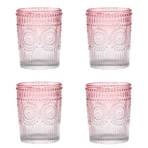 amzcku pink drinking glasses set of 4, vintage glassware 10 oz- for cocktails, mixed drinks, whiskey, beverage, water, milk and juice