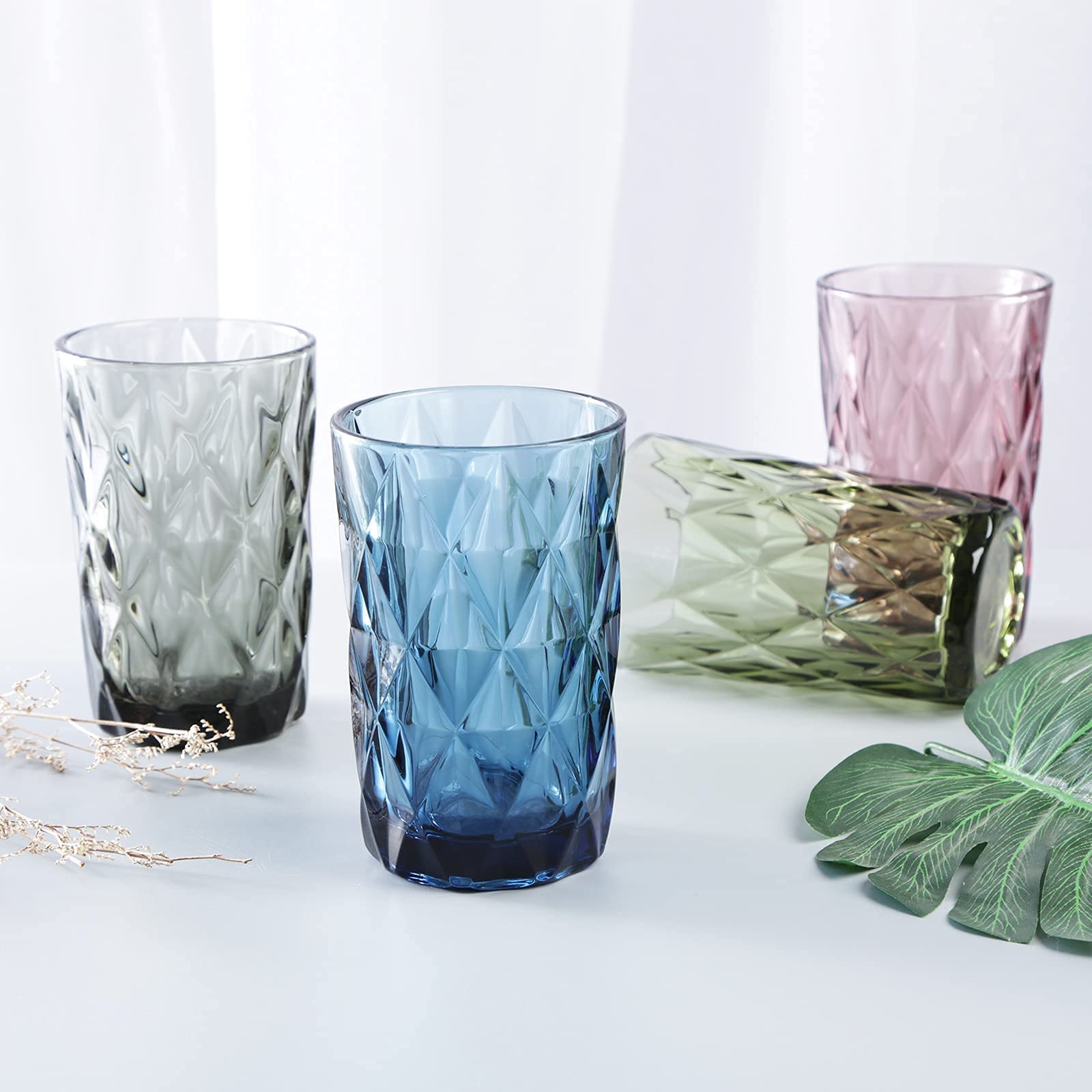 Bandesun Drinking Glass set of 6 Modern Glassware Diamond Pattern Tumbler Cup（12 OZ），for Water，Cocktail，Milk，Juice and Beverage