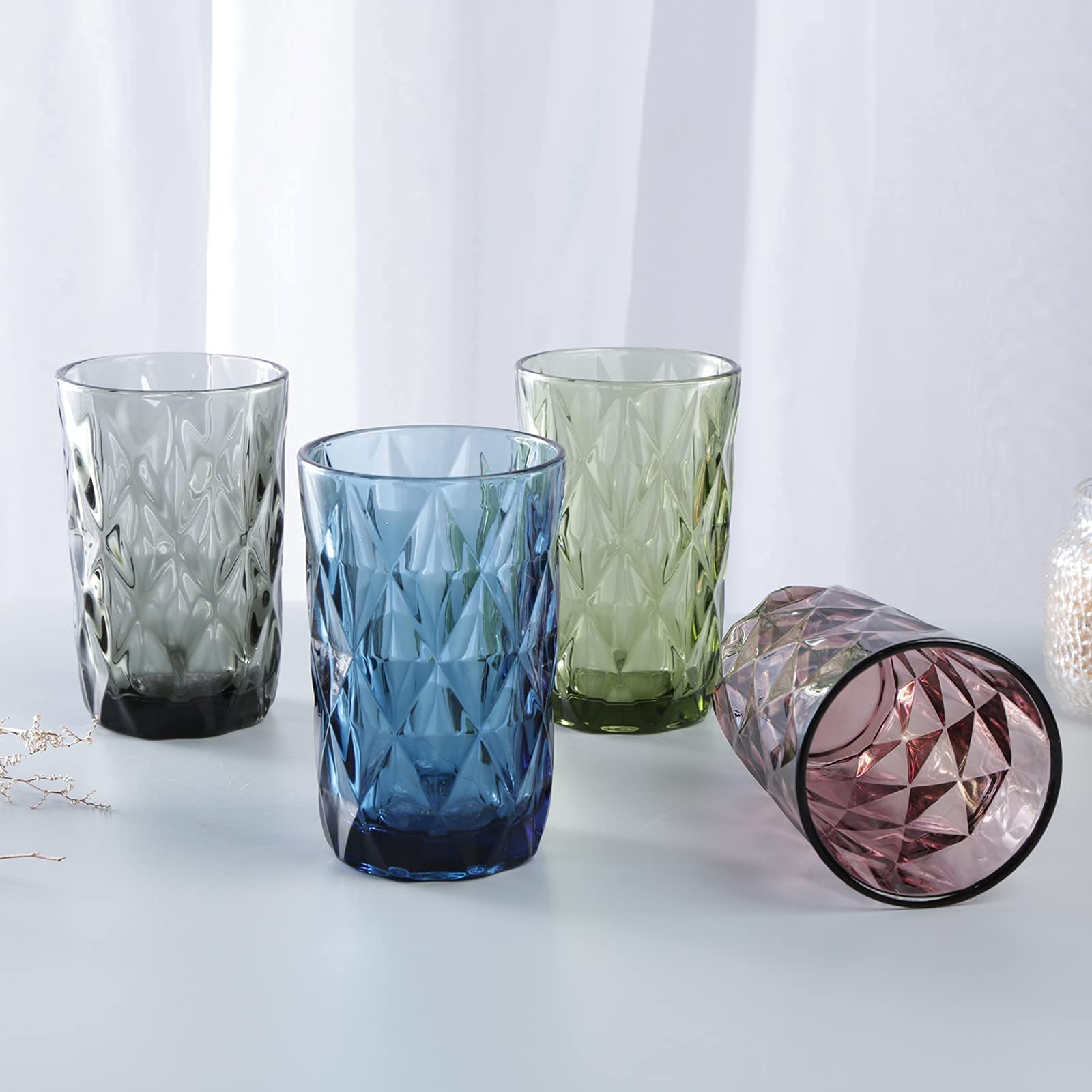 Bandesun Drinking Glass set of 6 Modern Glassware Diamond Pattern Tumbler Cup（12 OZ），for Water，Cocktail，Milk，Juice and Beverage