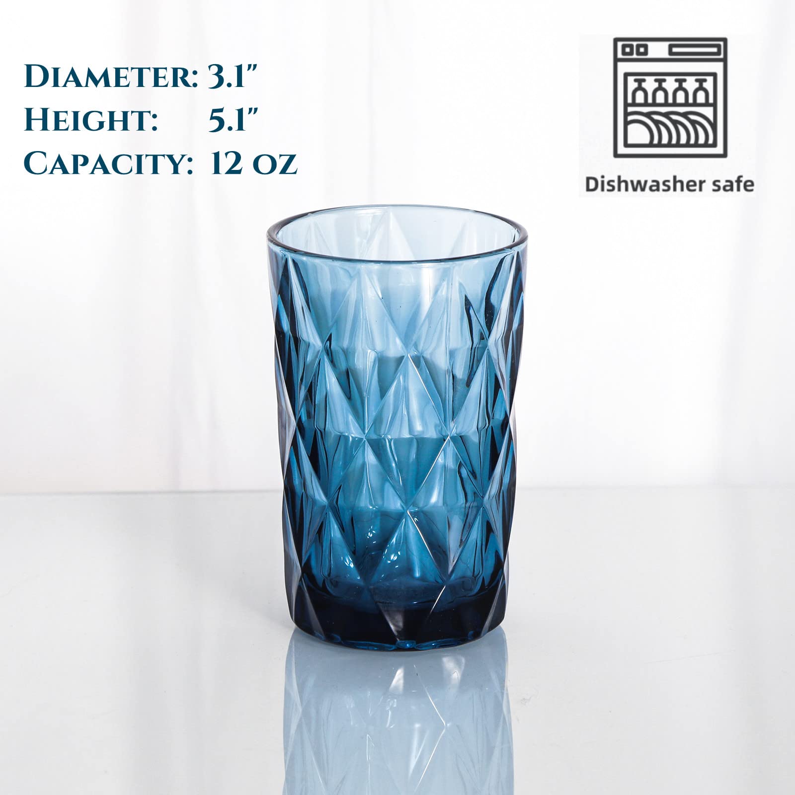 Bandesun Drinking Glass set of 6 Modern Glassware Diamond Pattern Tumbler Cup（12 OZ），for Water，Cocktail，Milk，Juice and Beverage