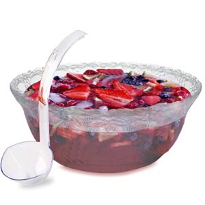 Plastic Punch Bowl with Ladle – Clear Punch Plastic Bowls – BPA Free Recyclable Punch Set of Bowl and 5 oz. Ladle – Embroidered Punch Bowl with Serving Ladle for Parties