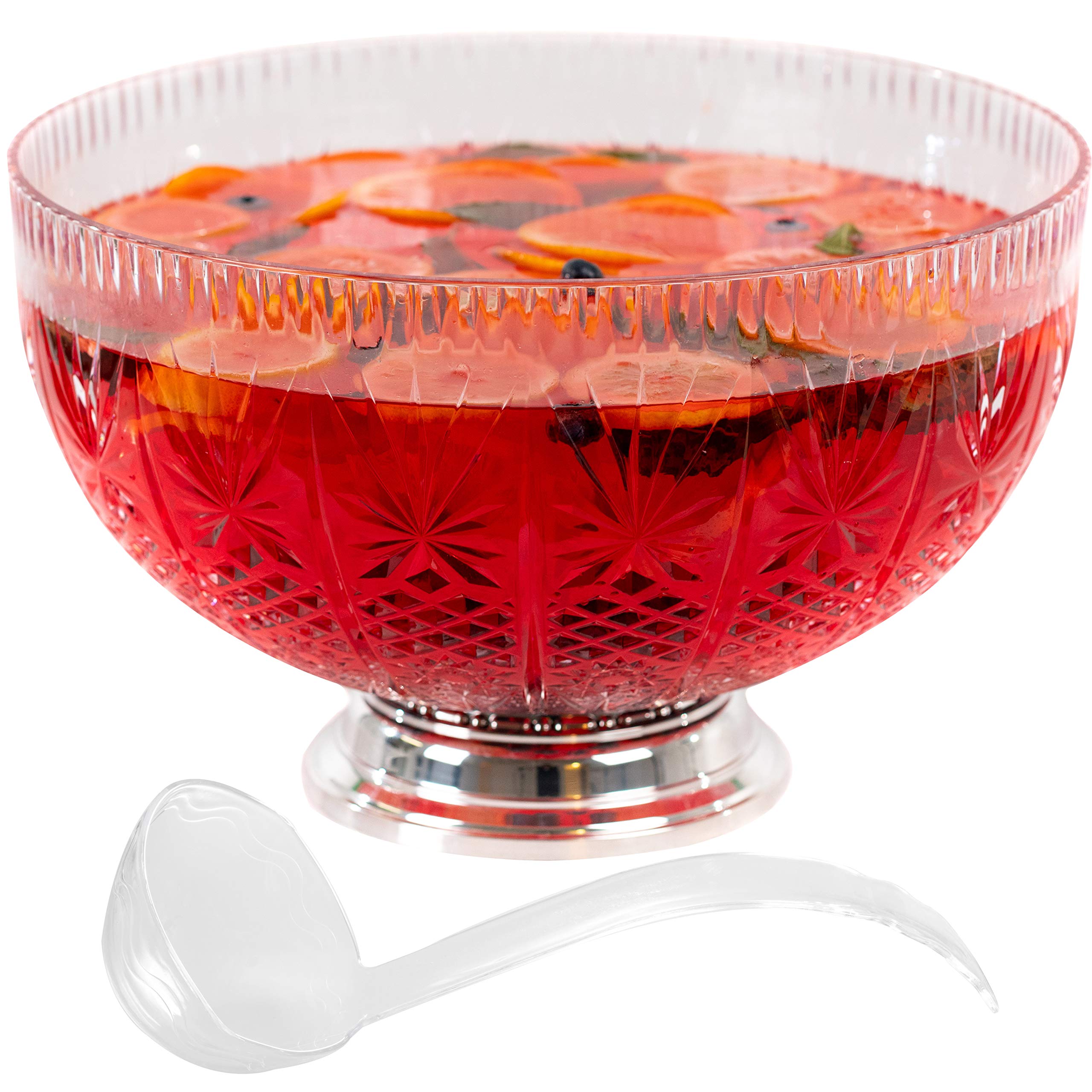 Upper Midland Products Crystal Cut Plastic Punch Bowl With Ladle 3 Gallon Chrome Base For Parties