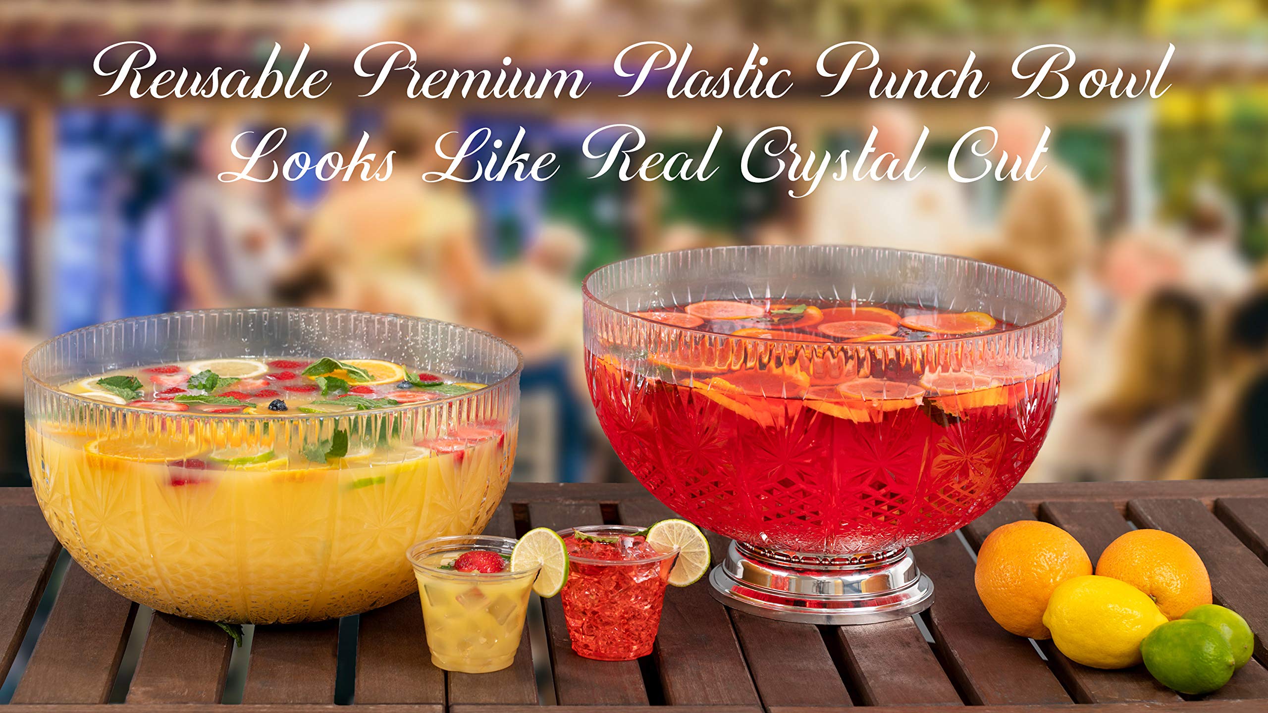 Upper Midland Products Crystal Cut Plastic Punch Bowl With Ladle 3 Gallon Chrome Base For Parties