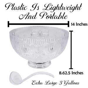 Upper Midland Products Crystal Cut Plastic Punch Bowl With Ladle 3 Gallon Chrome Base For Parties