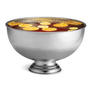 tablecraft hammered pedestal punch bowl, large silver stainless steel, for serving hot and chilled cold drink beverages, champagne, alcohol cocktails, fruit wine sangria, juice 54 cup, 3.4 gallon