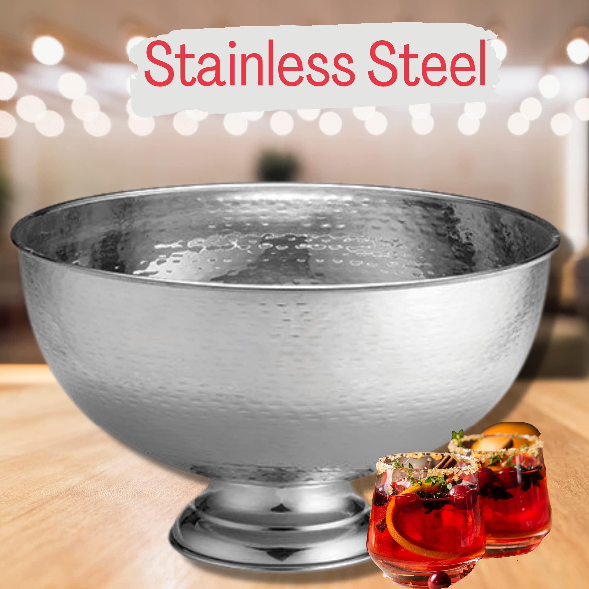 Tablecraft Hammered Pedestal Punch Bowl, Large Silver Stainless Steel, For Serving Hot and Chilled Cold Drink Beverages, Champagne, Alcohol Cocktails, Fruit Wine Sangria, Juice 54 Cup, 3.4 Gallon