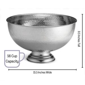 Tablecraft Hammered Pedestal Punch Bowl, Large Silver Stainless Steel, For Serving Hot and Chilled Cold Drink Beverages, Champagne, Alcohol Cocktails, Fruit Wine Sangria, Juice 54 Cup, 3.4 Gallon