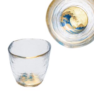 kasyou studio kasyou maki-e glass sake cup, the great wave off kanagawa (kanazawa gold foil, gift box), made in japan, japanese sake cup shot glass whiskey soju luxury fuji golden cups glasses